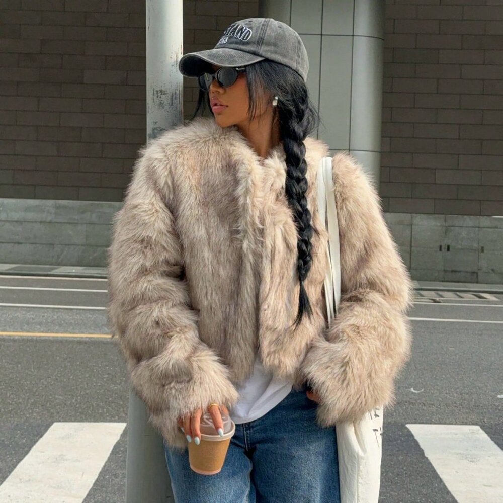 Khaki Casual Women's Long Sleeve Fluffy Jacket - Picture 6 of 7
